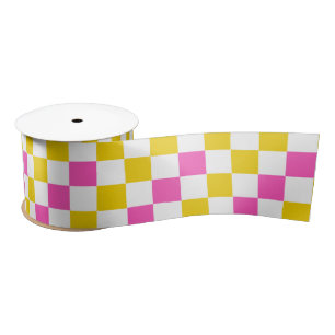 Ruban En Satin Dessin à carreaux jaune blanc rose