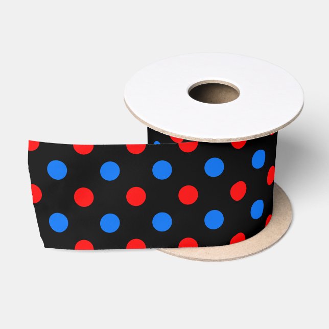Ruban En Satin Dessin à points noirs rouges et bleus  (Bobine)
