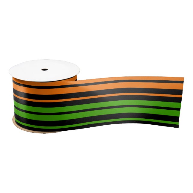 Ruban En Satin Dessin à rayures verticales orange vert noir   (Bobine)