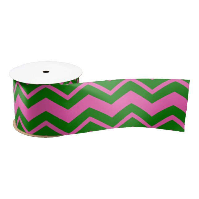 Ruban En Satin Dessin chevron zigzag vert rose  (Bobine)