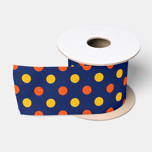 Ruban En Satin Dessin de points orange jaune sur fond bleu  (Bobine)