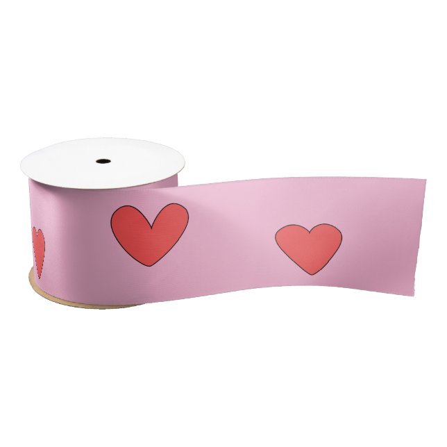 Ruban En Satin Dessins Coeurs Mignons Sur Rose (Bobine)