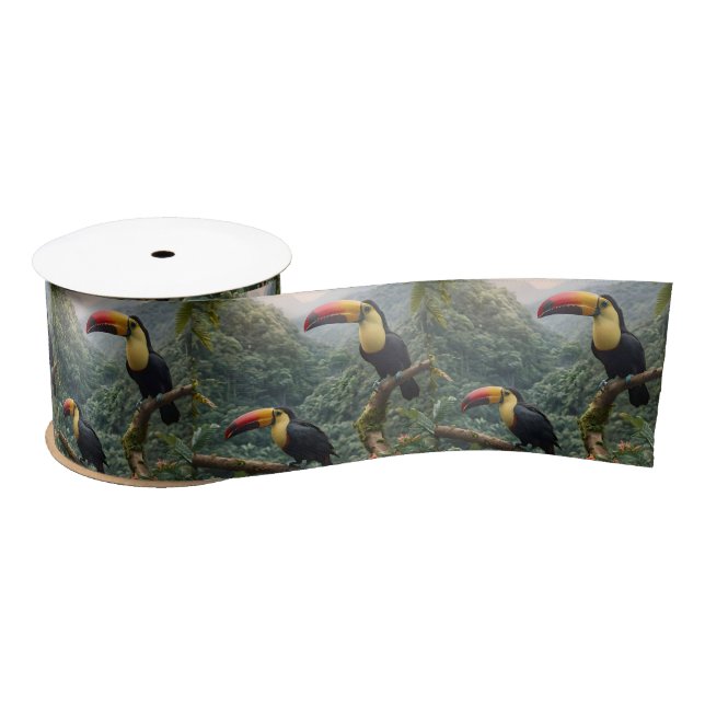 Ruban En Satin Deux Oiseaux Toucans Tropicaux, (Bobine)