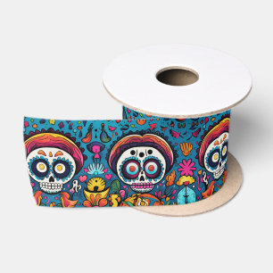 Ruban En Satin Dia de Muertos, motif de crânes de sucre bleu