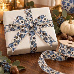 Ruban En Satin Dinde de Thanksgiving florale en chinoiserie bleu