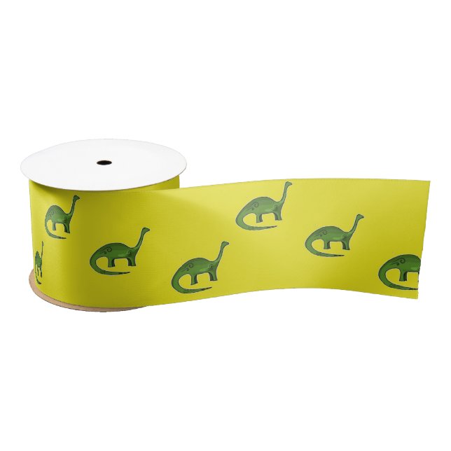 Ruban En Satin Dinosaures verts sur motif jaune (Bobine)
