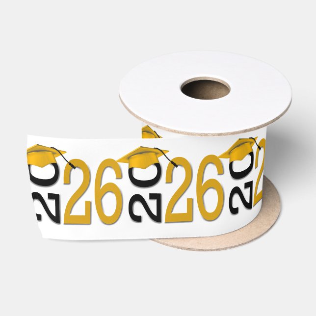 Ruban En Satin Diplômé 2026 Chapeaux dorés sur fond noir (Bobine)