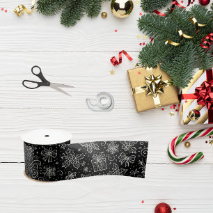 Ruban En Satin Doodle noir et blanc Motif de l'aube de Noël