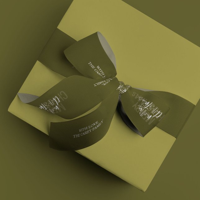 Ruban En Satin Double moderne Joyeux Noël Vert Personnalisable (Green personalized family name Merry Christmas holiday ribbon)