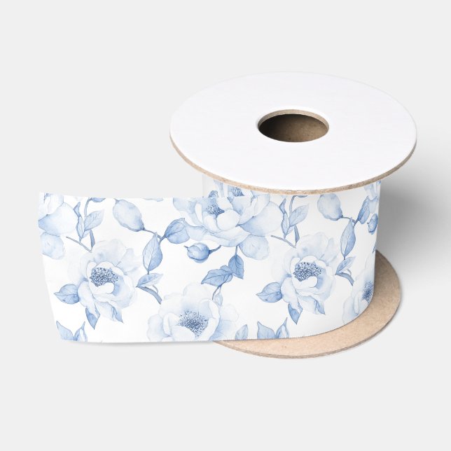 Ruban En Satin Douche nuptiale florale bleue chic blanche (Bobine)