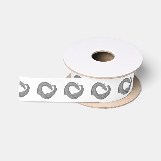 Ruban En Satin Dragon de coeur gris sur blanc (Bobine)