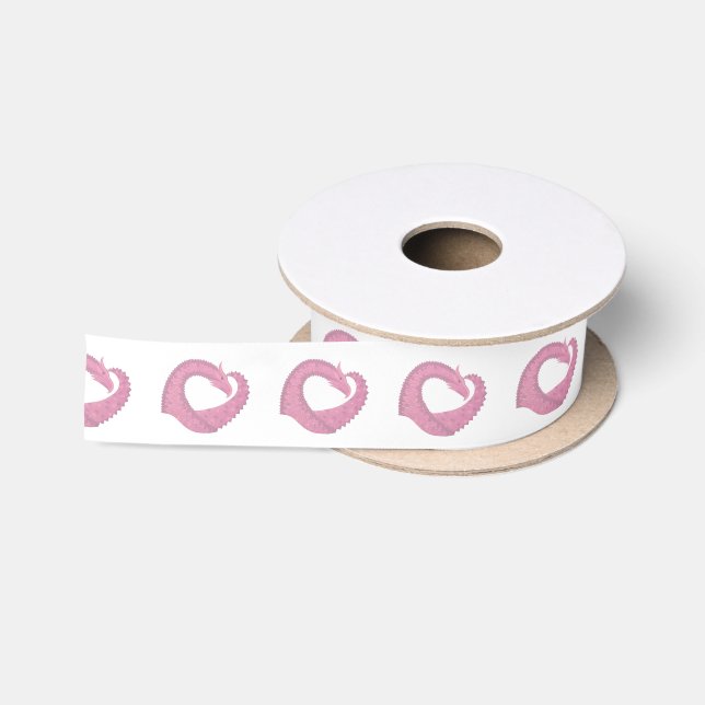 Ruban En Satin Dragon de coeur rose sur blanc (Bobine)
