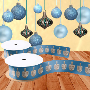 Ruban En Satin Dreidel Rustic Chêne Cute Motif Bleu Hanoukka