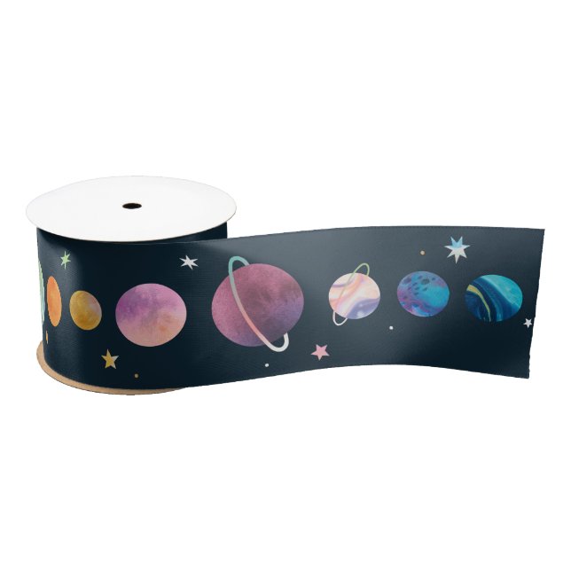 Ruban En Satin Eau Planètes Étoiles Lune Galaxie Aquarelle (Bobine)