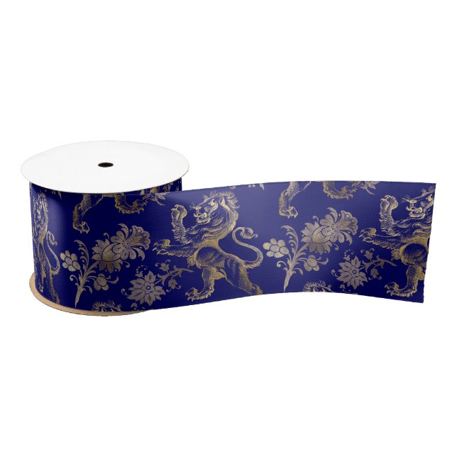 Ruban En Satin Élégant Blue Gold Lion Floral (Bobine)