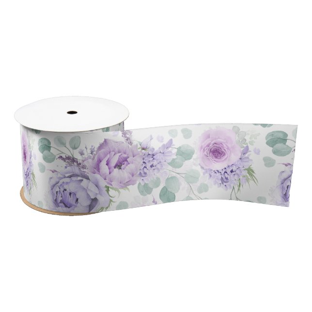 Ruban En Satin Élégant botanique floral violet poussiéreux (Bobine)
