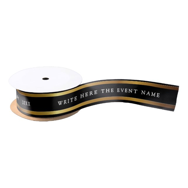 Ruban En Satin Elegant Metallic Black And Gold Shimmer White Typo (Bobine)