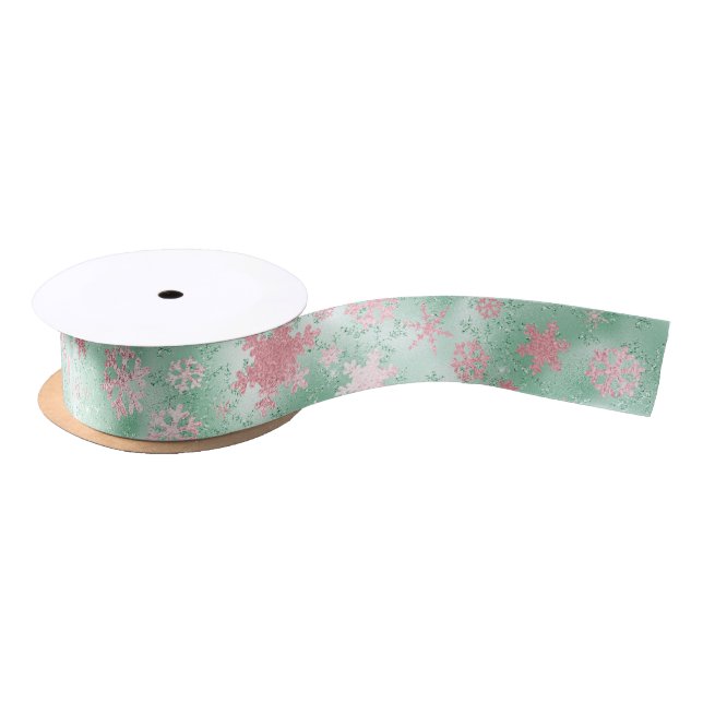 Ruban En Satin Élégant Motif de Noël vert rose (Bobine)