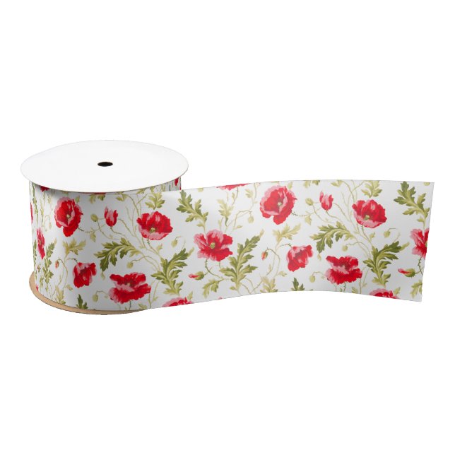 Ruban En Satin Élégant pavot rouge et motif floral Feuille vert (Bobine)