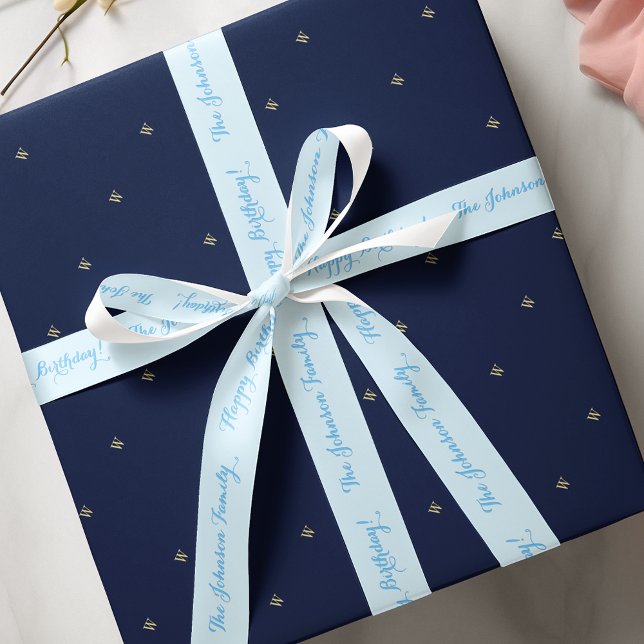 Ruban En Satin Élégant Personnalisé Bleu Nom Joyeux Enveloppement (Elegant Custom Blue Name Happy Birthday Gift Wrap Satin Ribbon)