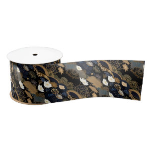 Ruban En Satin Élégant style japonais fleurs noir et or floral