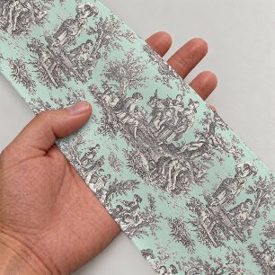 Ruban En Satin Élégante toile de Jouy grise vintage menthe