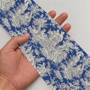 Ruban En Satin Élégante toile de Jouy vintage bleu foncé
