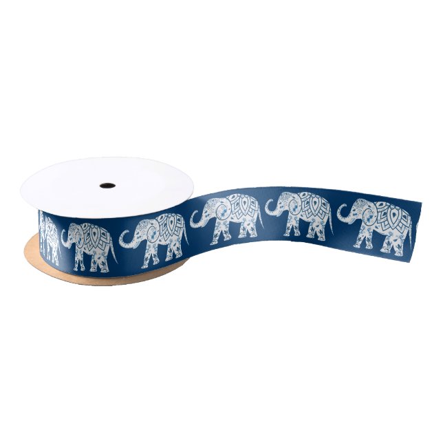 Ruban En Satin Éléphant bleu modelé fleuri (Bobine)