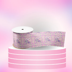 Ruban En Satin Eléphant De Bébé Rose Avec La Colombe Et Le Baptêm