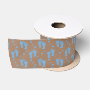 Ruban En Satin Empreintes de bébé bleues sur fond marron