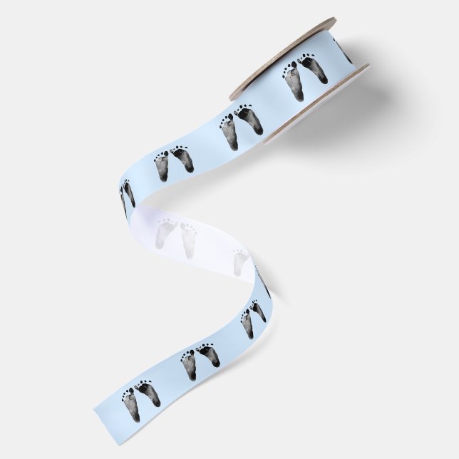 Ruban En Satin Empreintes de bébé sur fond bleu pastel (Dos)