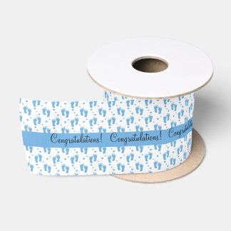 Ruban En Satin Empreintes de pas et coeurs de bébé bleu