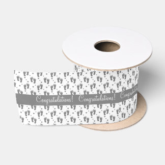 Ruban En Satin Empreintes de pas et coeurs gris de bébé
