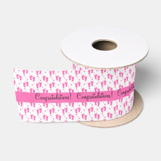 Ruban En Satin Empreintes de pas et coeurs roses de bébé