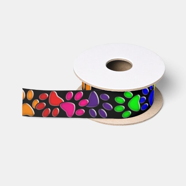 Ruban En Satin empreintes de pattes de chat arc-en-ciel (Bobine)