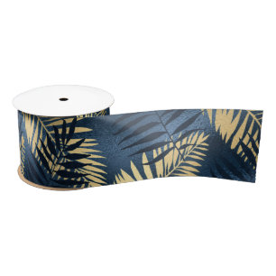 Ruban En Satin Été Tropical Bleu Feuilles de Palmier Or Marine Ex