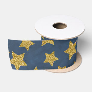 Ruban En Satin Étoile scintillante dorée de Noël sur fond bleu aq