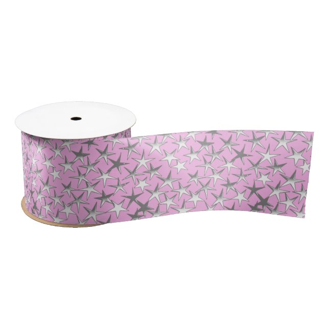 Ruban En Satin Etoiles d'argent sur Pastel Pink (Bobine)