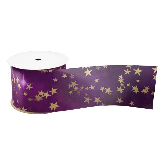 Ruban En Satin Étoiles Dorées Célestes sur Fond de Galaxie Rose (Bobine)