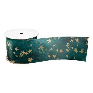 Ruban En Satin Étoiles Dorées Célestes sur Fond de Galaxie Turquo