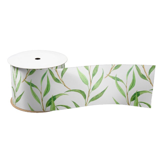 Ruban En Satin Eucalyptus motif aquarelle sur blanc (Bobine)