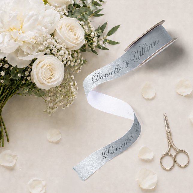 Ruban En Satin Faux Argent Métallisé Élégant Mariage Script (Créateur téléchargé)
