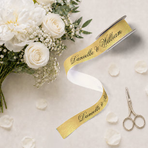 Ruban En Satin Faux Or Feuille Mariage Élégant Calligraphie Noire