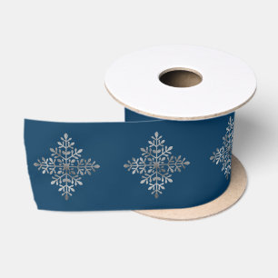Ruban En Satin Faux papier d'argent flocon de neige sur fond bleu