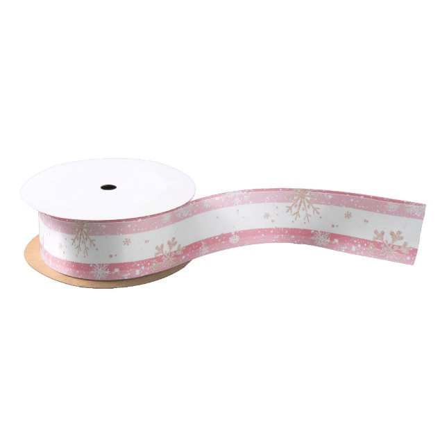 Ruban En Satin Festive Pink & White Stripes Golden Snowflakes (Bobine)
