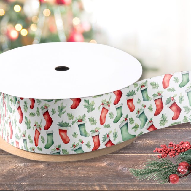 Ruban En Satin Festive Red Green Bas Noël (Festive Red Green Stockings Christmas Satin Ribbon)