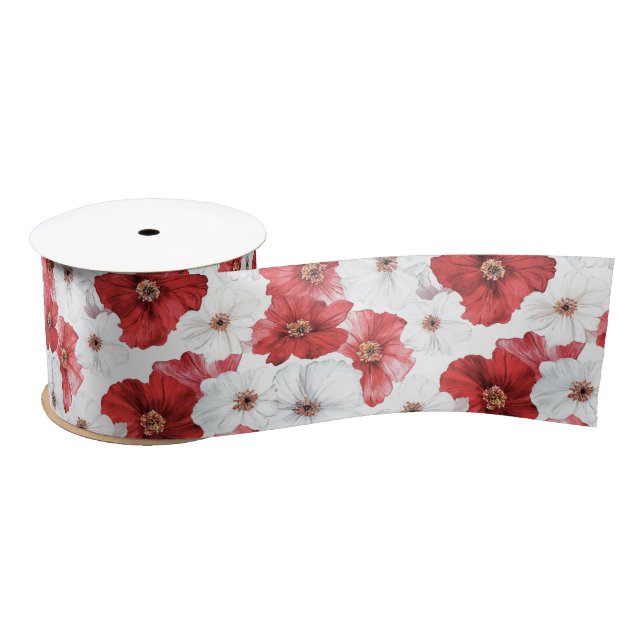 Ruban En Satin Fête de mariage Fleurs Rouges et Blanches (Bobine)