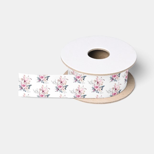 Ruban En Satin Fête de naissance bébé en fleurs rose (Bobine)