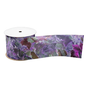 Ruban En Satin Feuilles Abstraites Motif rose violet feuillage