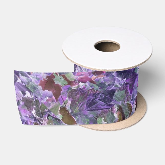 Ruban En Satin Feuilles Abstraites Motif rose violet feuillage (Bobine)